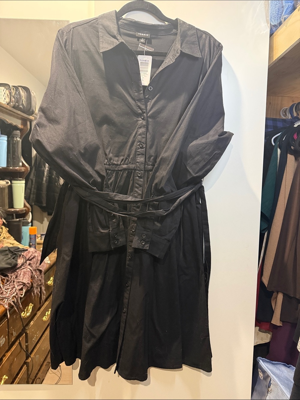 torrid Black Long-Sleeve Button-Front Shirt Dress with Waist Tie